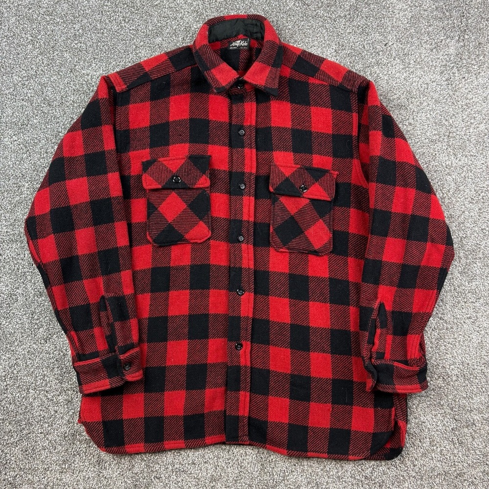 Vintage 60s King Kole Flannel Shirt Men Large Red Black Buffalo Plaid Wool Blend
